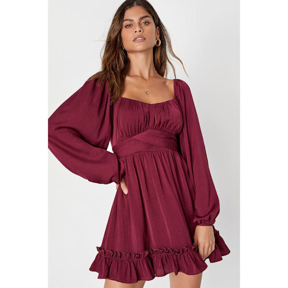 Lulus Vision Of Charm Plum Purple Satin Long Sleeve Skater Mini Dress - Size S